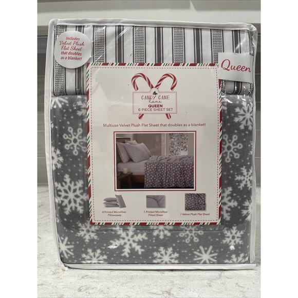 6 Pc SNOWFLAKES Queen Set Winter Holiday Sheets Gray Stripe Plush Sheet Blanket - Picture 2 of 7